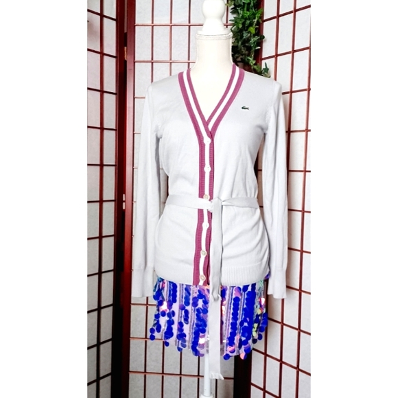 Lacoste Women's Stipe Detail Belted Button-Front Cardigan - Grey/Pink - Picture 16 of 16